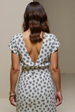 White Blue Printed V-Neck Bodycon Long Wedding Guest Dress